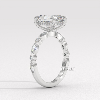 1.50CT Radiant Cut Moissanite Diamond Hidden Halo Marquise and Round Pavé Engagement Ring