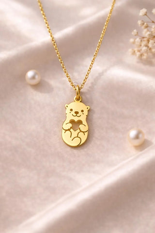 Hugging Otter Heart Pendant Necklace in Gold - Valentine's Day jewelry gift