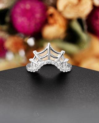 Spider Web Curved Wedding Band with Lab Grown Pave Stones, Gold