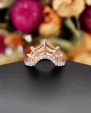 Spider Web Curved Wedding Band with Lab Grown Pave Stones, Gold
