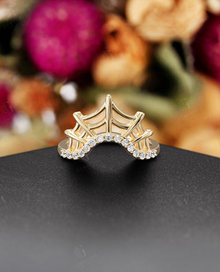 Spider Web Curved Wedding Band with Lab Grown Pave Stones, Gold