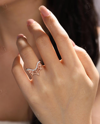 Spider Web Curved Wedding Band with Lab Grown Pave Stones, Gold