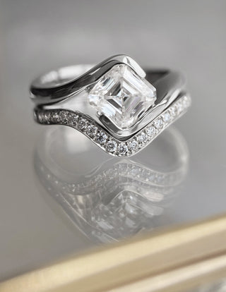 1.0CT-2.0CT Asscher Moissanite Diamond By Pass Engagement Ring With Matching Pave Curved Band