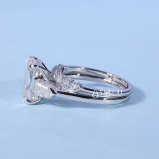 2.50ct Elongated Cushion Moissanite Diamond Three Stone Engagement Rings With Wedding Band