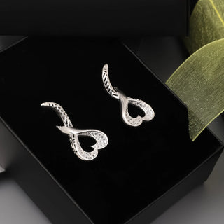 Open Heart Pave Earrings with Openwork Curved Tail in Silver - Valentine's Day jewelry gift