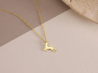 Gold Leaping Deer Pendant Necklace in 10K/14K/18K gold - Thanksgiving gift for her