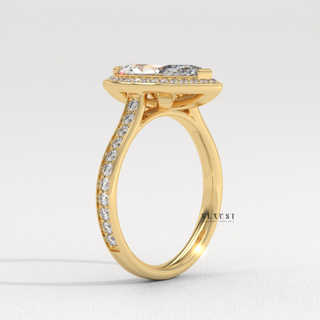 Diamond Halo Engagement Ring, Marquise Diamond Halo Ring with Pavé Band