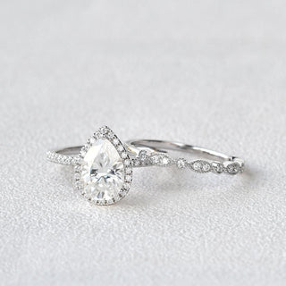 1.80CT Pear Cut Moissanite Halo Engagement Ring with Vintage Style Wedding Band