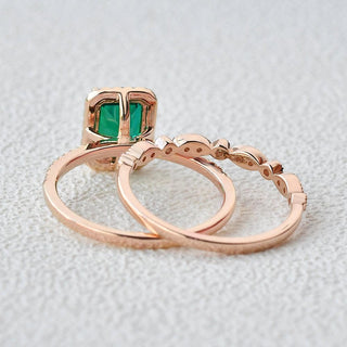 1.91ct Emerald & Moissanite Halo Gold Bridal Ring Set 18K Rose Gold For Her