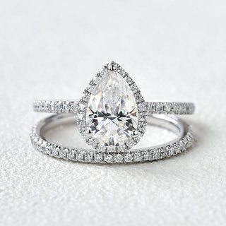 1.33CT Pear Cut Moissanite Diamond Halo Engagement Ring Bridal Set