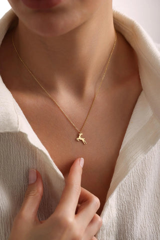 Gold Leaping Deer Pendant Necklace - Christmas lab grown moissanite jewelry