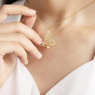 Gold Christmas Tree Name Necklace with Birthstones - Christmas jewelry gift