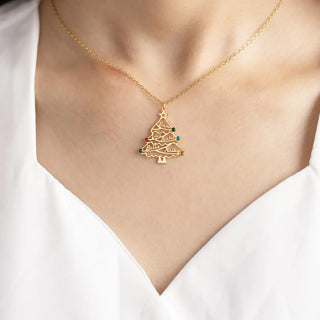 Gold Christmas Tree Name Necklace with Birthstones - Christmas jewelry gift