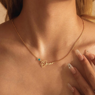 Personalized Script Name Necklace in Gold with Teal Birthstone - Mother's Day jewelry gift