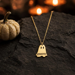 Personalized Ghost Name Necklace in Gold with Engraved Name - Halloween jewelry gift