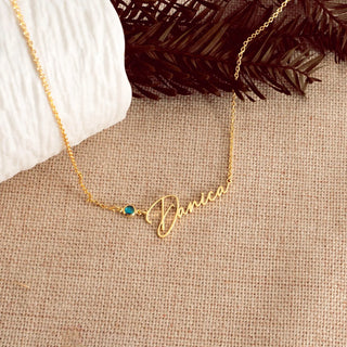 Personalized Script Name Necklace in Gold with Teal Birthstone - Mother's Day jewelry gift
