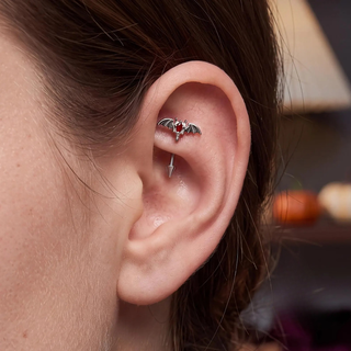Gothic Bat Wing Rook Piercing Barbell, Red Lab Grown Accent