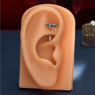 Gothic Bat Wing Rook Piercing Barbell, Red Lab Grown Accent