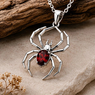 Gothic Spider Pendant Necklace with Red Lab Grown Gemstone, Sterling Silver