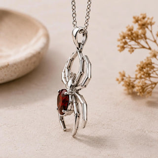 Gothic Spider Pendant Necklace with Red Lab Grown Gemstone, Sterling Silver