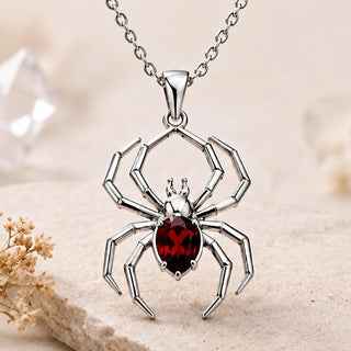 Gothic Spider Pendant Necklace with Red Lab Grown Gemstone, Sterling Silver