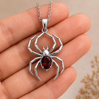 Gothic Spider Pendant Necklace with Red Lab Grown Gemstone, Sterling Silver