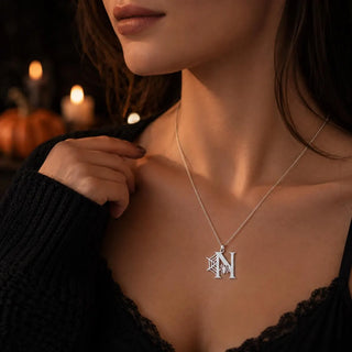 Gothic Spider Web Initial Necklace, Custom Letter Pendant, Gold - Halloween jewelry gift