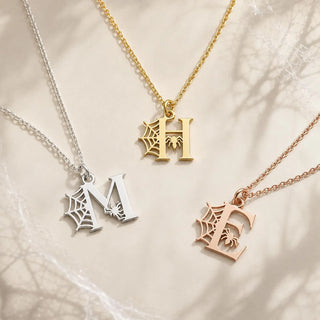 Gothic Spider Web Initial Necklace, Custom Letter Pendant, Gold - Halloween jewelry gift