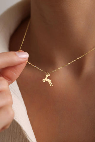 Gold Leaping Deer Pendant Necklace with Fine Cable Chain - Christmas jewelry gift