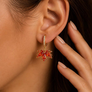 Maple Leaf Drop Earrings with Red Lab Grown Stones, Gold Hoop - Thanksgiving jewelry gift