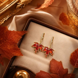 Maple Leaf Drop Earrings with Red Lab Grown Stones, Gold Hoop - Thanksgiving jewelry gift