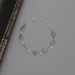 Silver Filigree Leaf Link Bracelet with Adjustable Chain - Mother's Day jewelry gift