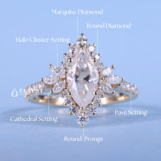 1.0CT Marquise Moissanite Diamond Halo Cluster Vintage Style Engagement Ring