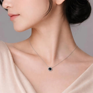 Black Round Halo Pendant Necklace and Stud Earrings Set - Valentine's Day jewelry gift