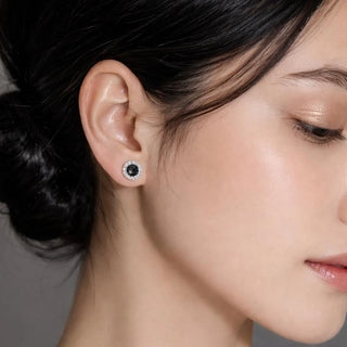 Black Halo Necklace and Stud Set in 925 silver, 10K/14K/18K gold - Anniversary gift for her