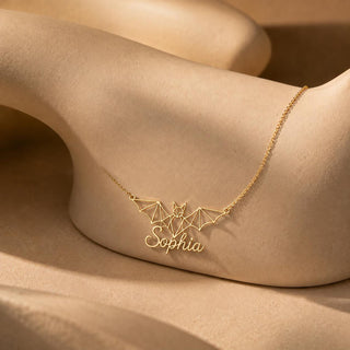 Personalized Bat Necklace with Custom Name, Gold Wireframe Pendant
