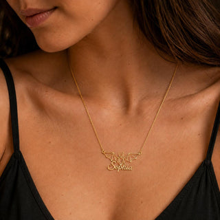 Personalized Bat Necklace with Custom Name, Gold Wireframe Pendant