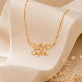 Personalized Bat Necklace with Custom Name, Gold Wireframe Pendant