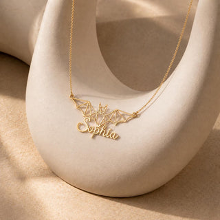 Personalized Bat Necklace with Custom Name, Gold Wireframe Pendant