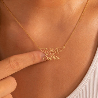 Personalized Bat Necklace with Custom Name, Gold Wireframe Pendant