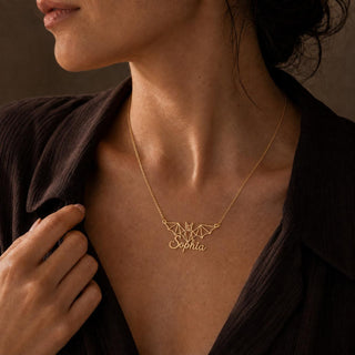 Personalized Bat Necklace with Custom Name, Gold Wireframe Pendant