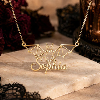Personalized Bat Necklace with Custom Name, Gold Wireframe Pendant