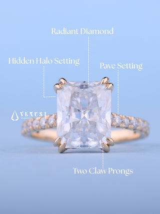 1.50CT Radiant Cut Moissanite Diamond Hidden Halo Pave Engagement Ring