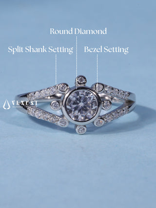 0.70CT Bezel Set Round Cut Moissanite Diamond Split Shank Engagement Ring