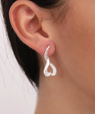 Open Heart Pave Earrings with Openwork Curved Tail in Silver - Valentine's Day jewelry gift