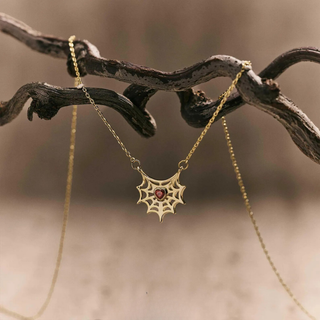 Spider Web Stud Earrings with Blue Heart Gemstone, Gold