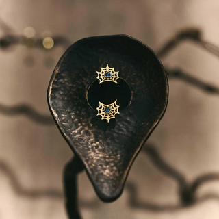 Spider Web Stud Earrings with Blue Heart Gemstone, Gold