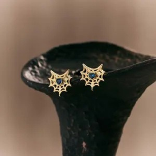 Spider Web Stud Earrings with Blue Heart Gemstone, Gold