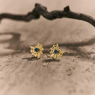 Spider Web Stud Earrings with Blue Heart Gemstone, Gold