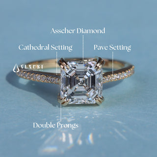 1.50CT Asscher Cut Moissanite Diamond Cathedral Pave Engagement Ring
